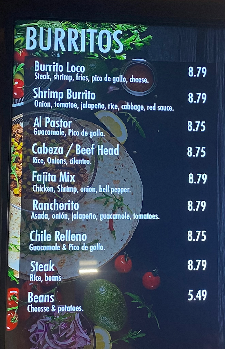 Menu Daisy's Mexican Burritos #1-2