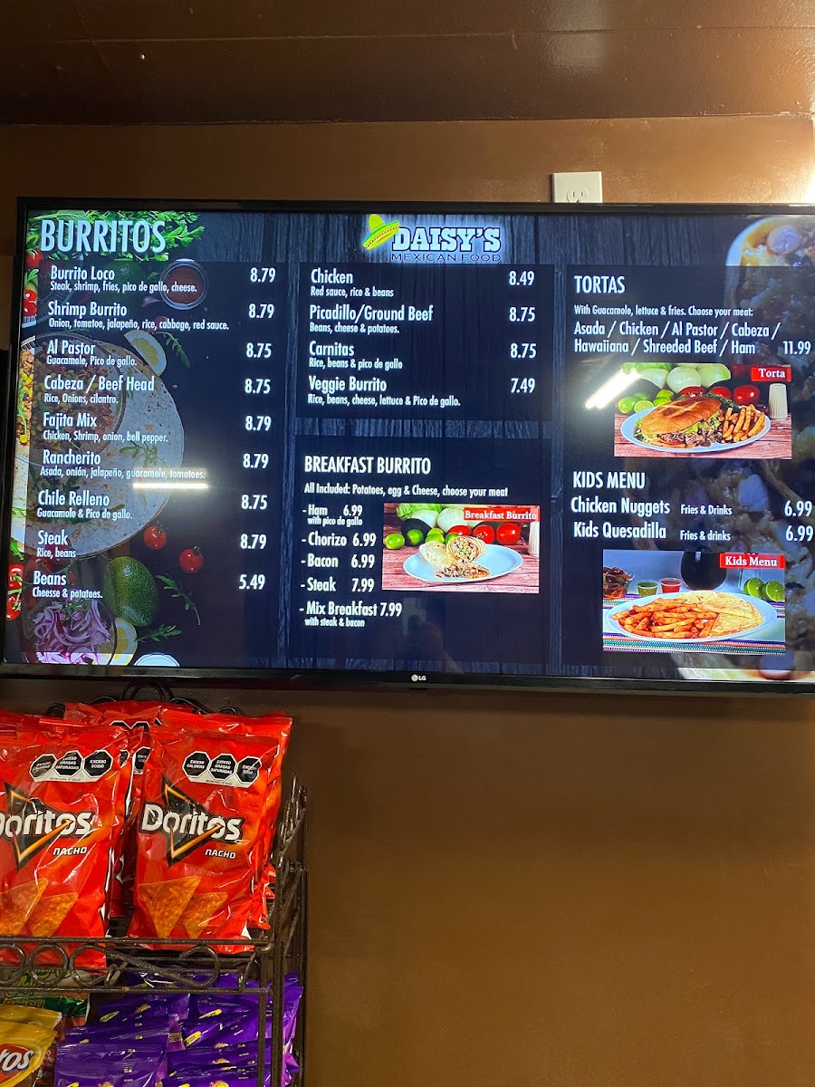 Menu Daisy's Mexican Burritos #1-4
