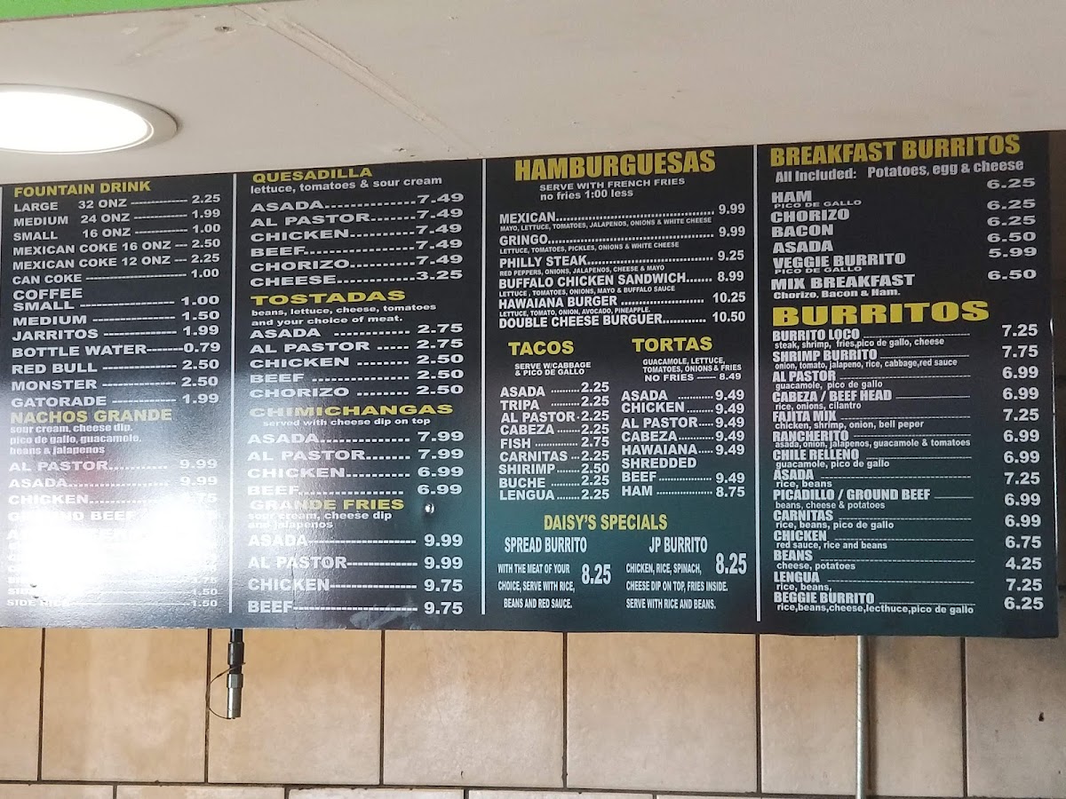 Menu Daisy's Mexican Burritos #1-7