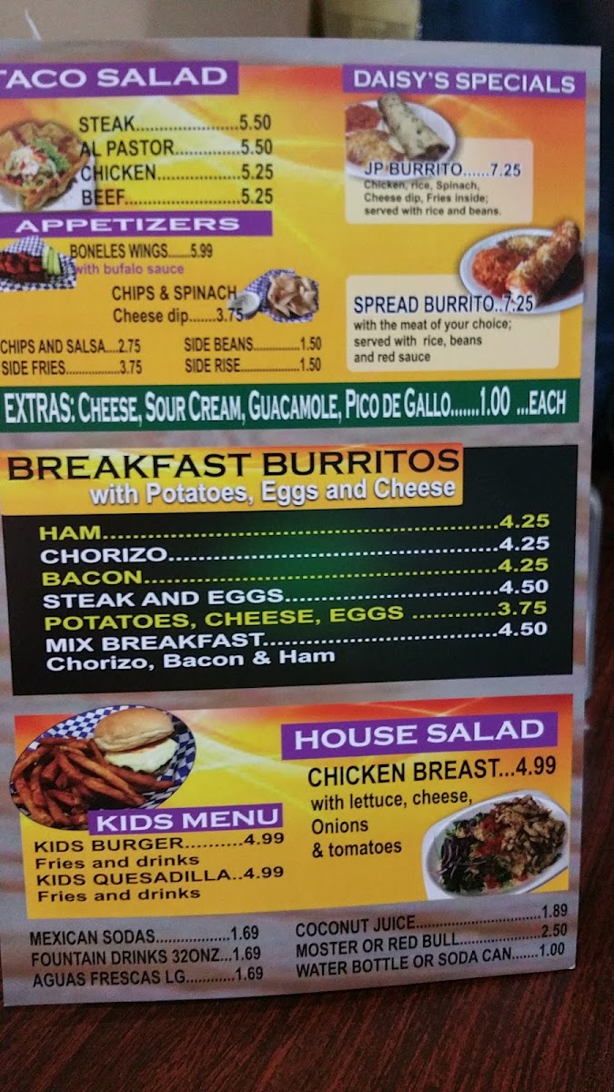 Menu Daisy's Mexican Burritos #1-8